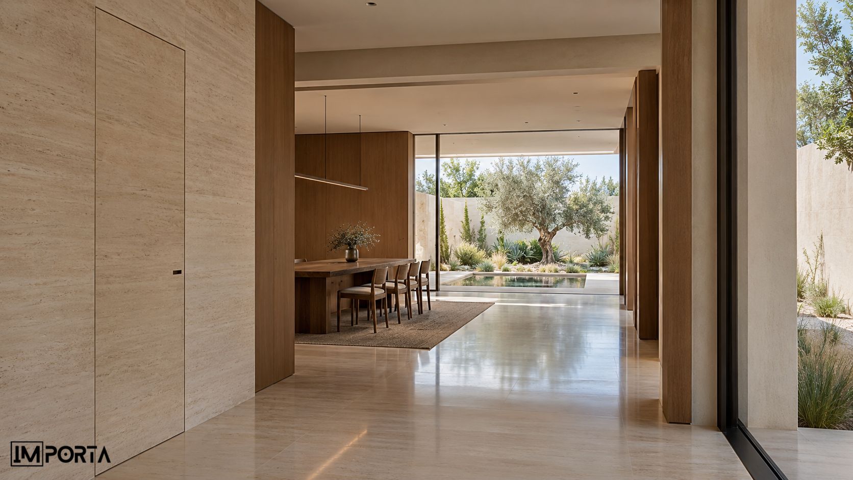 minimalist villa interior with courtyard view